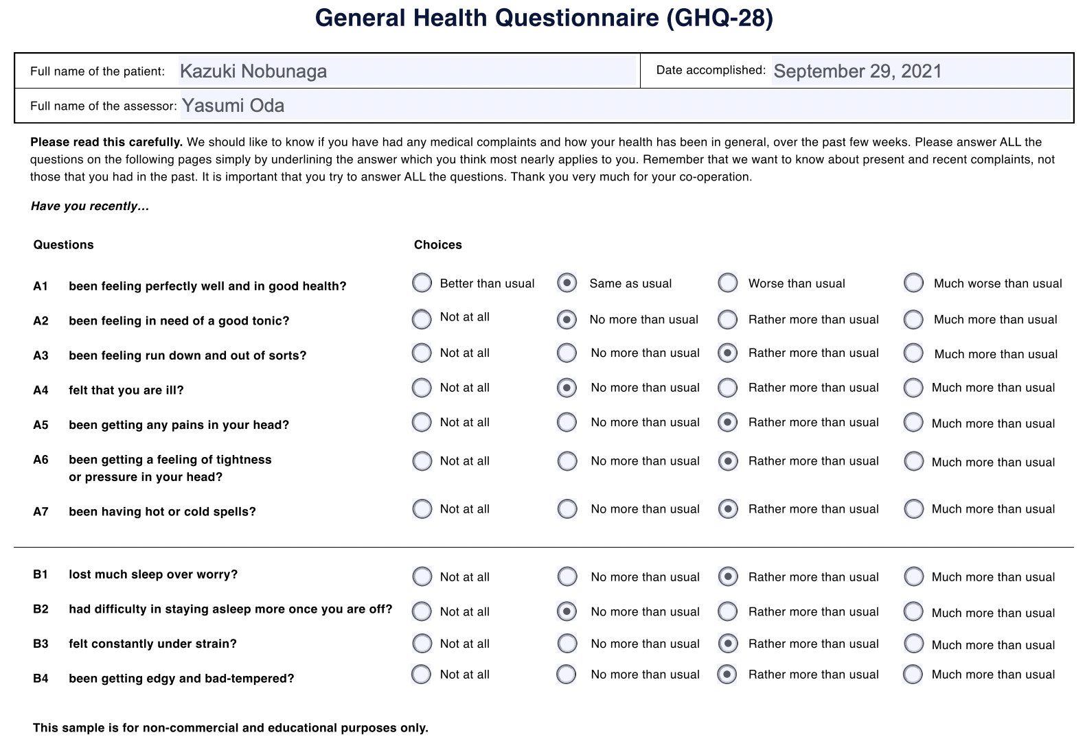 General Health Questionnaire GHQ 28 Example